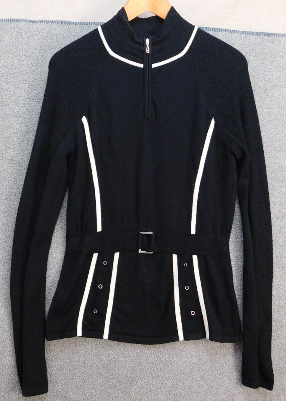 NILS Women's S Long Sleeve Buckle Strap Wrap Black And White Sweater